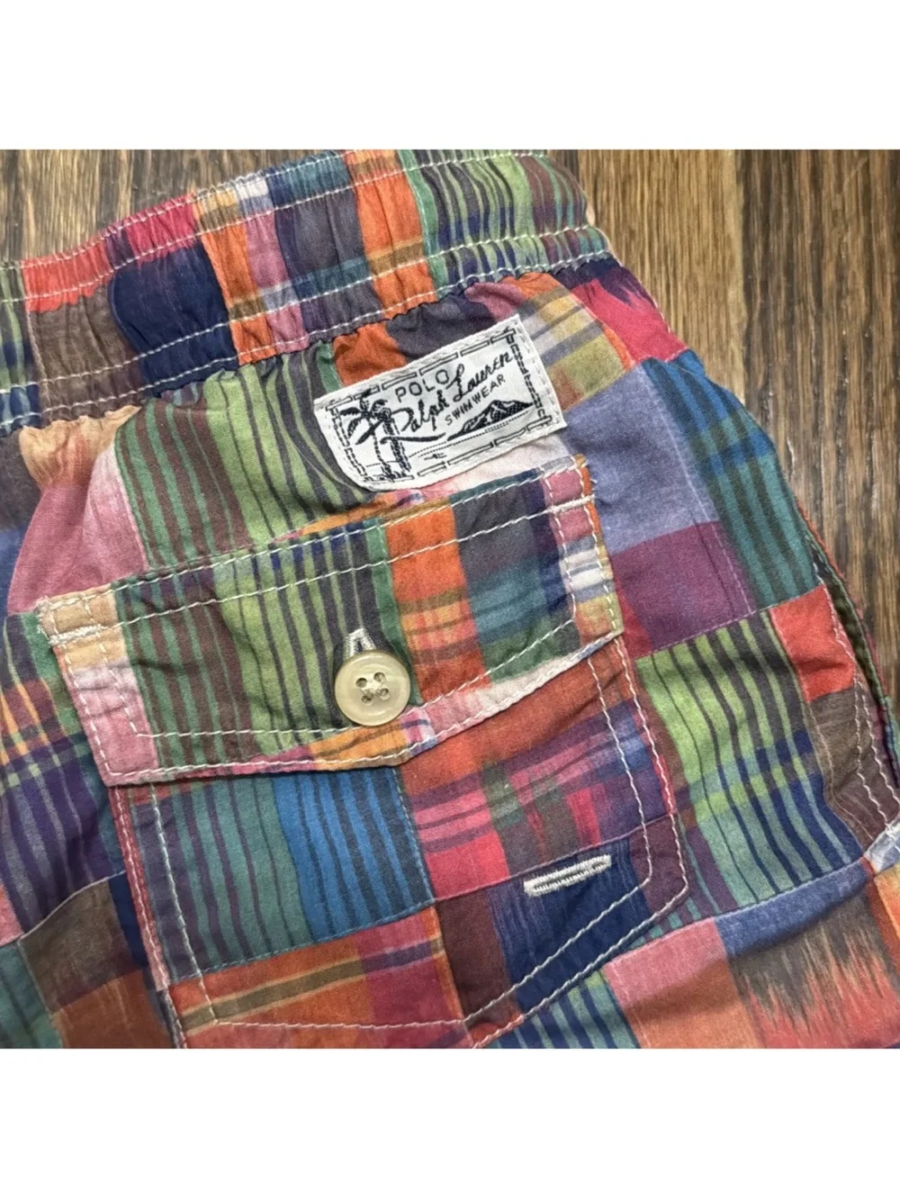 Polo Ralph Lauren Swim Trunks Boys 7 Multicolor Patchwork Drawstring Mesh Shorts